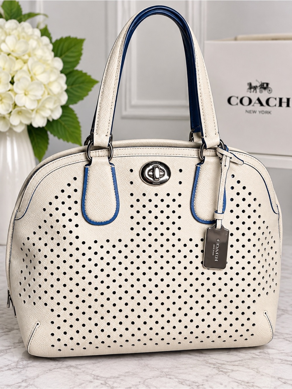 Coach Ivory Perforated Leather Satchel with Blue Trim prime street 34705